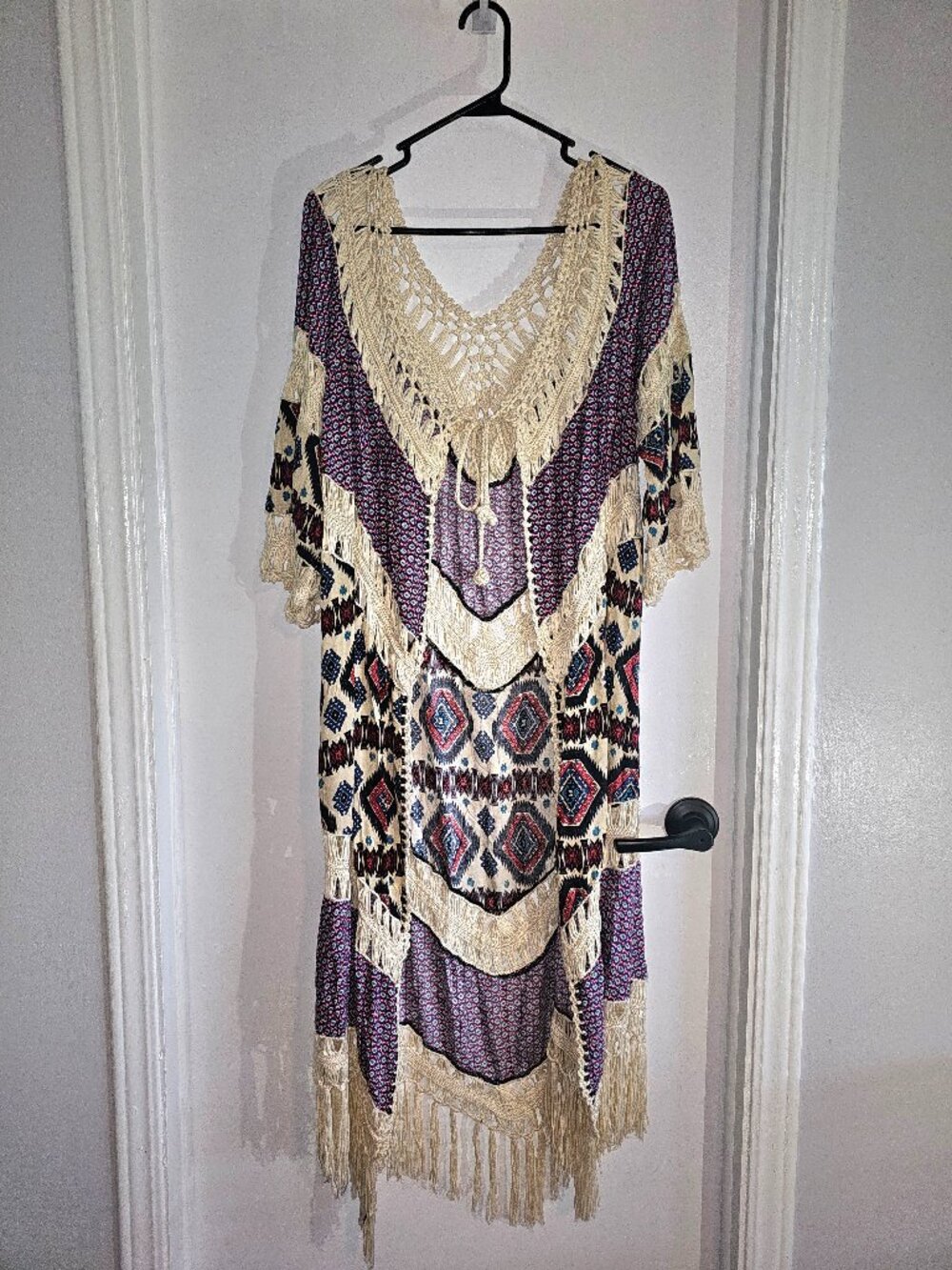 Umgee USA Boho Geometric Crochet Fringe Open Front Kimono Cardigan